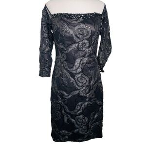 NEW Hannah S Elegant Black Dress All-Over Sequin Embellished Sheer Long Sleeves